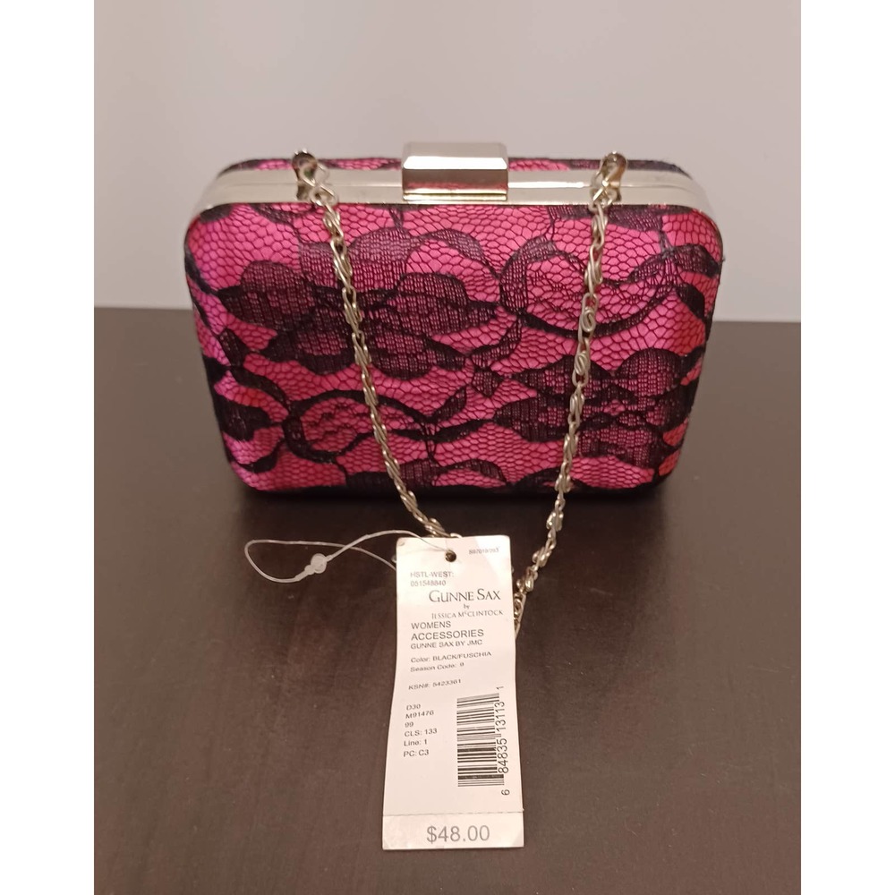 NEW Gunni Sac Fushia Pink with Black Lace Box Purse with Chain Strap